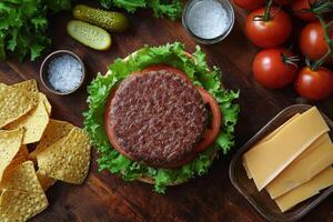 A delicious burger setup with fresh vegetables, cheese, and snacks ready for a tasty meal photo
