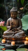 A serene wooden Buddha statue surrounded by candles and lotus flowers in a tranquil garden photo
