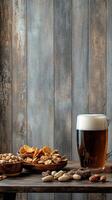 A refreshing beverage with snacks arranged on a wooden surface in a cozy setting photo