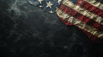 Worn American flag draped against a textured dark surface creating a historical atmosphere photo