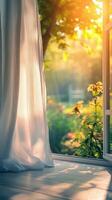 Sunlight streaming through a window onto a wooden floor in a serene garden setting photo