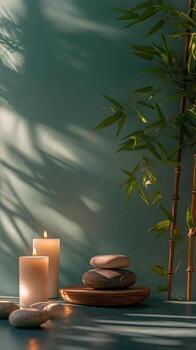 A calming indoor space with candles and plants casting soft shadows in natural light photo