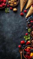 Fresh berries overflowing from a waffle cone on a dark textured surface with mint leaves photo