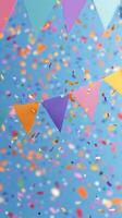 Colorful party decorations and confetti create a festive atmosphere on a clear blue day photo