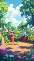 A vibrant garden path surrounded by blooming flowers and gardening tools placed on rich soil photo