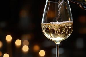 Pouring sparkling white wine into a glass with blurred lights in the background at a celebration photo