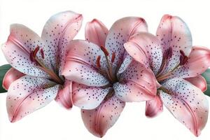 Pink lilies on a white background, highlighting their delicate petals and vibrant details photo