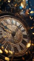 Intricate antique clock with ornate details and a golden finish captured in soft lighting photo