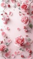 Delicate pink roses and petals arranged beautifully on a soft background during daytime photo