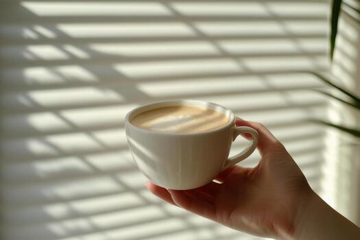 A person enjoying a warm cup of coffee indoors with sunlight creating striped shadows on the wall photo