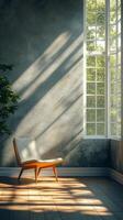Cozy corner with modern chair and autumn light streaming through large windows photo