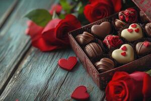 A beautifully arranged box of chocolates surrounded by roses and petals for a romantic occasion photo