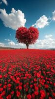 A vibrant heart shaped tree standing tall in a field of red flowers at sunset photo