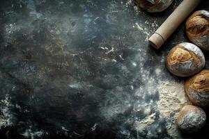 Freshly baked bread and kitchen tools on a dark countertop ready for baking at home photo