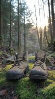 Person relaxing with hiking boots on soft moss under trees in a tranquil forest setting photo