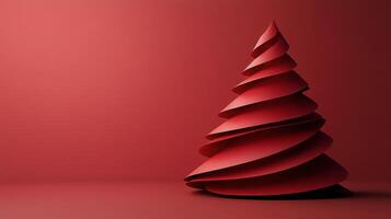 Red ribbon Christmas tree decoration on a solid red background for holiday celebrations photo