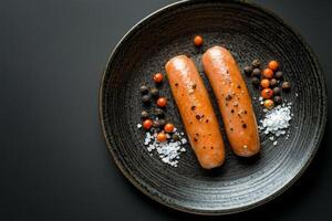 Sliced sausages served on a dark plate with salt and spices creating a gourmet culinary presentation photo
