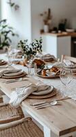 Elegant dining setup with glassware and napkins on wooden table in a cozy restaurant setting photo