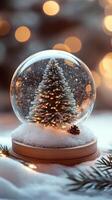 A snow globe featuring a miniature tree surrounded by winter decorations on a festive table photo