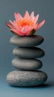 A serene arrangement of stones topped with a pink lotus flower on a calm blue background photo
