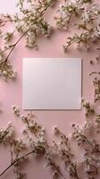 Beautiful cherry blossom branch with delicate pink flowers against a soft pink background photo