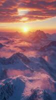 Sunrise over a mountain landscape with wind turbines in a serene valley vista photo