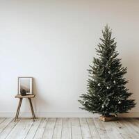 A beautifully decorated Christmas tree stands beside a simple table in a modern living room photo