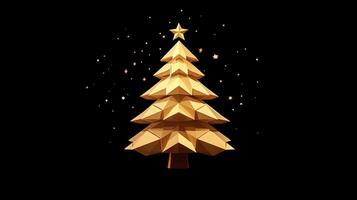 A golden Christmas tree with stars and lights on a dark background photo