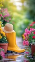 Bright yellow boots beside a vibrant flower garden with a winding path in early morning light photo