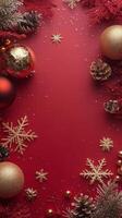 Festive holiday decorations featuring red and gold ornaments and snowflakes on a vibrant background photo