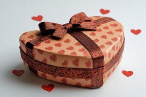 Decorative heart shaped gift box with ribbon and small heart accents on a light background photo