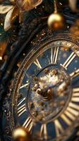 Intricate antique clock with ornate details and a golden finish captured in soft lighting photo