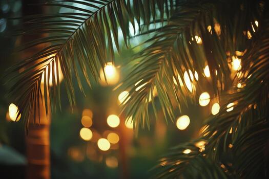 Twinkling lights illuminate lush palm leaves in a serene tropical environment during evening hours photo