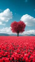 A vibrant heart shaped tree standing tall in a field of red flowers at sunset photo