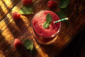 Refreshing raspberry smoothie with mint leaves on a wooden table in warm afternoon light photo
