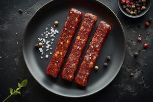 Sliced sausages served on a dark plate with salt and spices creating a gourmet culinary presentation photo