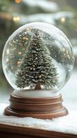 A snow globe featuring a miniature tree surrounded by winter decorations on a festive table photo