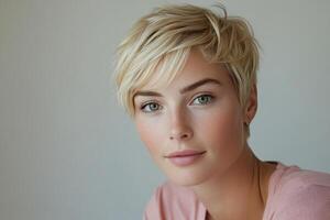 Young woman with short blonde hair and freckles in a light pink top posing in a bright setting photo