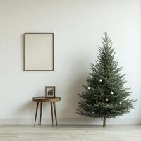 A beautifully decorated Christmas tree stands beside a simple table in a modern living room photo