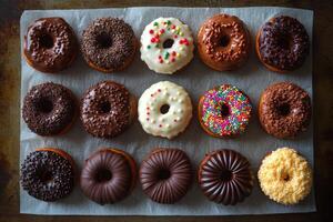 Assorted donuts with chocolate and white frosting on a baking sheet in a cozy kitchen photo