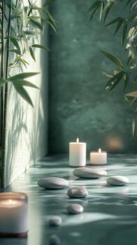 A calming indoor space with candles and plants casting soft shadows in natural light photo