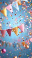Colorful party decorations and confetti create a festive atmosphere on a clear blue day photo