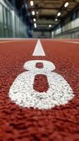 The number eight marked on a vibrant athletic running track during a sunny day at a sports facility photo