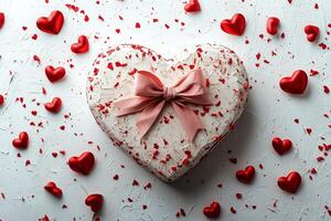 Decorative heart shaped gift box with ribbon and small heart accents on a light background photo