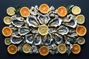 Fresh oysters on a black background garnished with lemon slices for a culinary delight photo