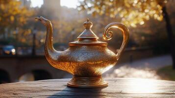 A golden ornate teapot resting on a wooden table in a sunny park near a flowing river in autumn photo