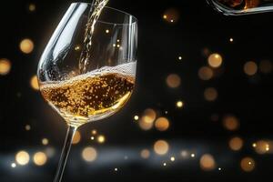 Pouring sparkling white wine into a glass with blurred lights in the background at a celebration photo