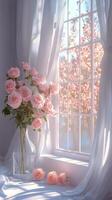 Soft pink roses beside a bright window with blooming flowers visible on a sunny day photo