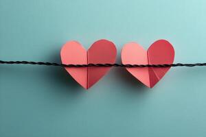 Two hanging hearts in pastel colors against a light background for decoration or design purposes photo
