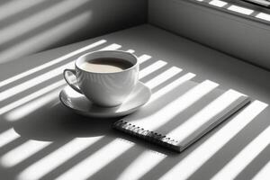 A white coffee cup sits on a small table next to a notepad in soft morning light photo